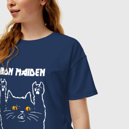 Женская футболка хлопок Oversize Iron Maiden rock cat, цвет темно-синий - фото 3