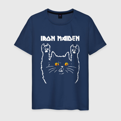 Мужская футболка из хлопка с принтом Iron Maiden rock cat, вид спереди №1