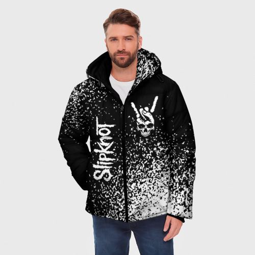 Мужская зимняя куртка 3D с принтом Slipknot и рок символ на темном фоне, фото на моделе #1