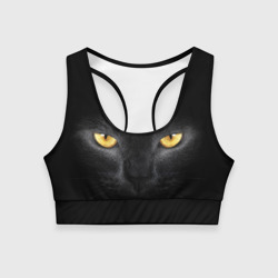 Женский спортивный топ 3D Чёрная кошка с оранжевыми глазами