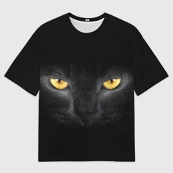 Мужская футболка oversize 3D Чёрная кошка с оранжевыми глазами