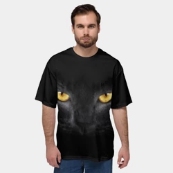 Мужская футболка oversize 3D Чёрная кошка с оранжевыми глазами - фото 2