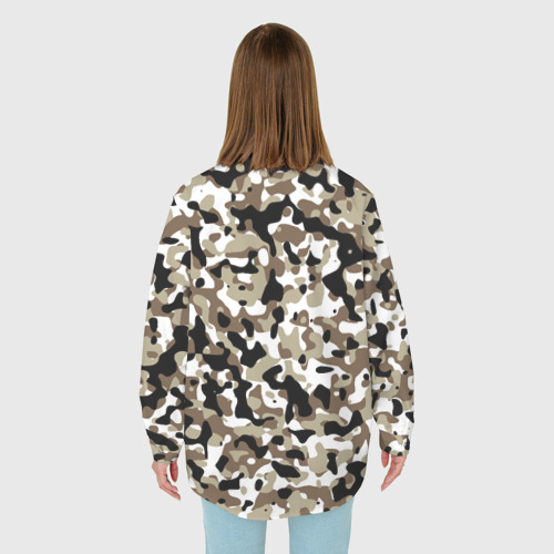 Женская рубашка oversize 3D с принтом Камуфляж зимний лес - мелкий, вид сзади #2