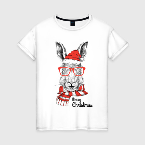 Женская футболка хлопок с принтом Santa Rabbit - Merry Christmas, вид спереди #2
