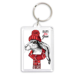 Брелок прямоугольный 35*50 Happy New Year! Rabbit in a red knitted hat