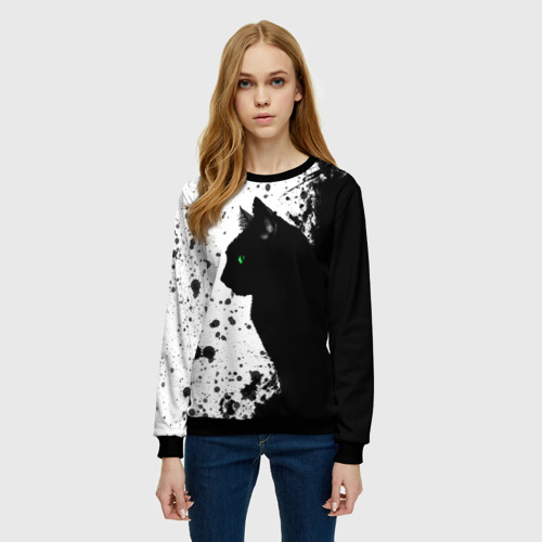 Женский свитшот 3D с принтом Черный кот в чернилах, фото на моделе #1