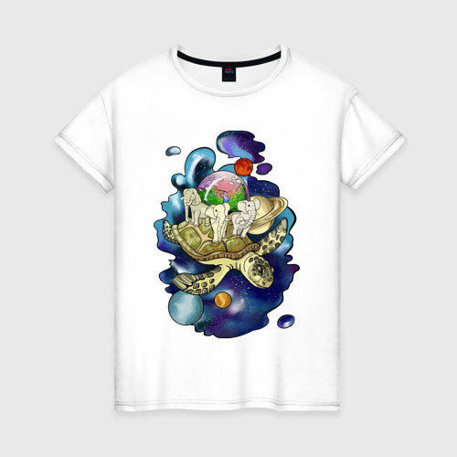 Женская футболка из хлопка с принтом Плоская земля - мир на черепахе, вид спереди №1