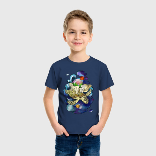 Детская футболка хлопок Плоская земля - мир на черепахе, цвет темно-синий - фото 3