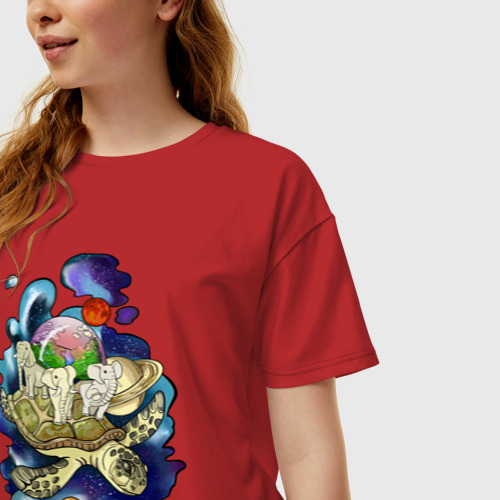 Женская футболка хлопок Oversize Плоская земля - мир на черепахе, цвет красный - фото 3