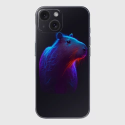 Чехол для iPhone 15 силиконовый с защитой камеры Неоновая капибара на чёрном фоне