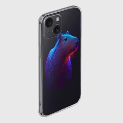 Чехол для iPhone 15 силиконовый с защитой камеры Неоновая капибара на чёрном фоне - фото 2