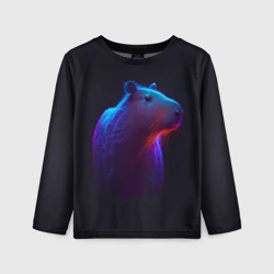 Детский лонгслив 3D Неоновая капибара на чёрном фоне