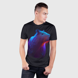 Мужская футболка 3D Slim Неоновая капибара на чёрном фоне - фото 2