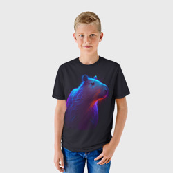 Детская футболка 3D Неоновая капибара на чёрном фоне - фото 2