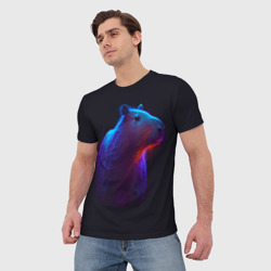 Мужская футболка 3D Неоновая капибара на чёрном фоне - фото 2