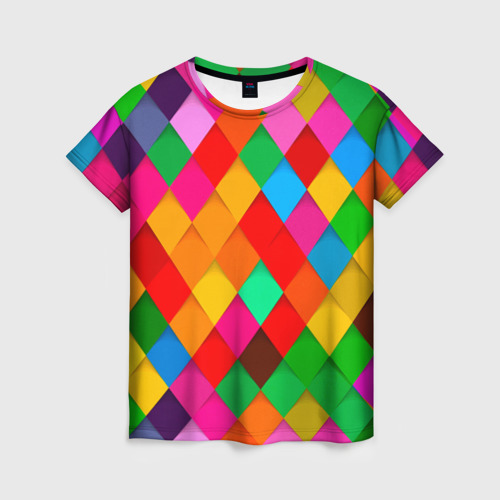 Женская футболка 3D с принтом Цветные лоскуты - пэчворк, вид спереди #2