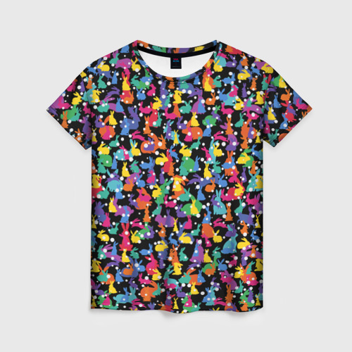 Женская футболка 3D с принтом Разноцветные кролики, вид спереди #2