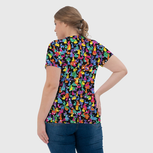 Женская футболка 3D с принтом Разноцветные кролики, вид сзади #2
