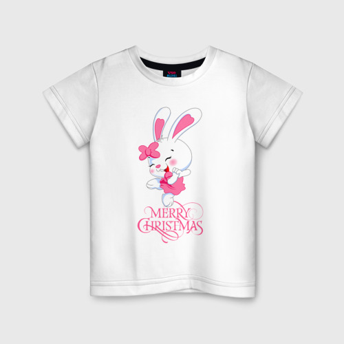 Детская футболка хлопок Cute bunny, merry Christmas, цвет белый