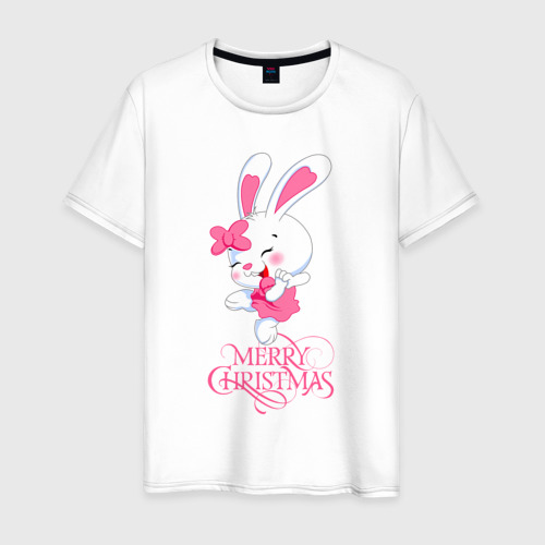 Мужская футболка хлопок Cute bunny, merry Christmas, цвет белый