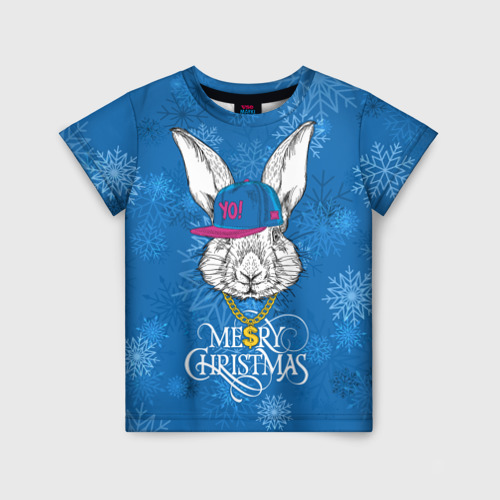 Детская футболка 3D Merry Christmas, rabbit in cap, цвет 3D печать