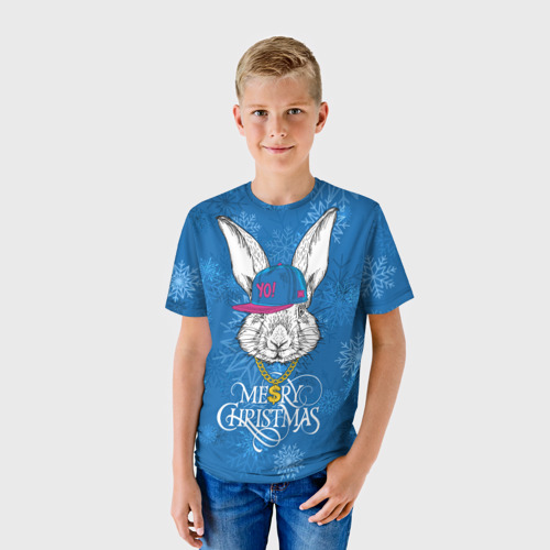 Детская футболка 3D Merry Christmas, rabbit in cap, цвет 3D печать - фото 3