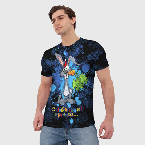 Мужская футболка 3D с принтом Крольки, с новм годм, фото на моделе #1