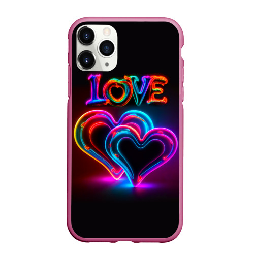 Чехол для iPhone 11 Pro Max матовый Love - неоновые сердца, цвет малиновый