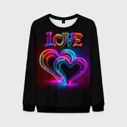 Мужской свитшот 3D Love - неоновые сердца