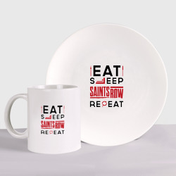Набор: тарелка + кружка Надпись: eat sleep Saints Row repeat