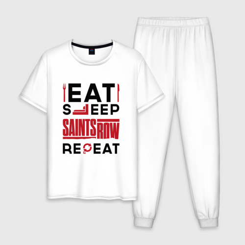 Мужская пижама хлопок Надпись: eat sleep Saints Row repeat, цвет белый