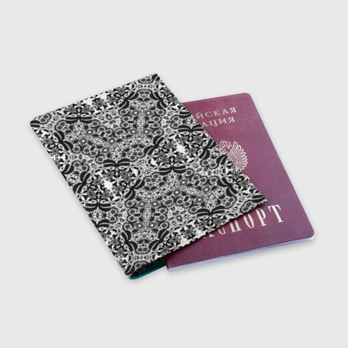 Обложка для паспорта матовая кожа Черно-белый ажурный кружевной узор, цвет голубой - фото 3