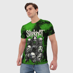 Футболка с принтом Slipknot guys heads green для женщины, вид на модели спереди №2. Цвет основы: белый