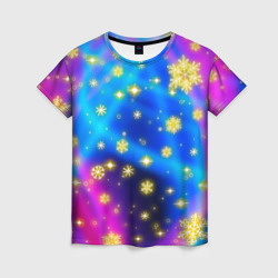 Женская футболка 3D Снежинки и звезды - яркие цвета - северное сияние