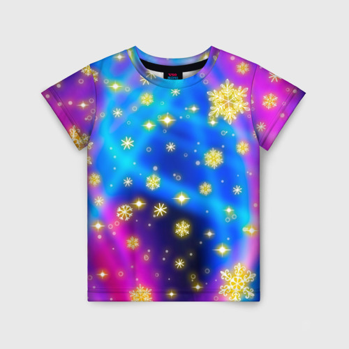 Детская футболка 3D Снежинки и звезды - яркие цвета - северное сияние, цвет 3D печать