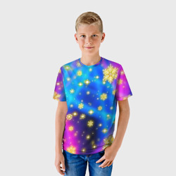 Детская футболка 3D Снежинки и звезды - яркие цвета - северное сияние - фото 2