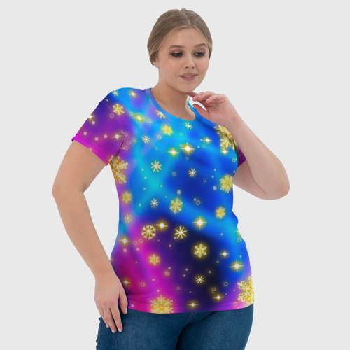 Женская футболка 3D Снежинки и звезды - яркие цвета - северное сияние, цвет 3D печать - фото 6