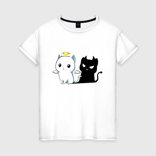 Женская футболка из хлопка с принтом Котёнок - ангел или демон?, вид спереди №1