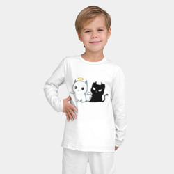 Пижама с принтом Котёнок - ангел или демон? для ребенка, вид на модели спереди №2. Цвет основы: белый