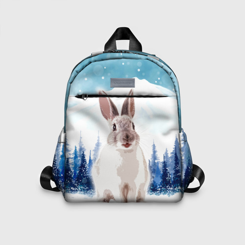 Детский рюкзак 3D с принтом Кролик в зимнем лесу, вид спереди #2