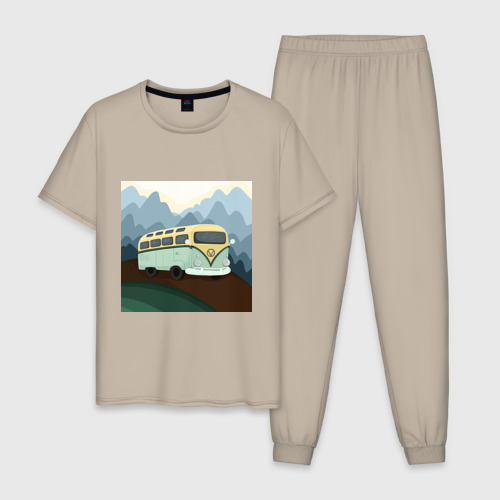Мужская пижама хлопок с принтом Машина и горы в путешествии, вид спереди #2