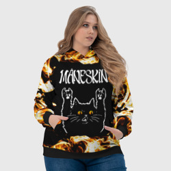 Толстовка с принтом Maneskin рок кот и огонь для женщины, вид на модели спереди №4. Цвет основы: черный