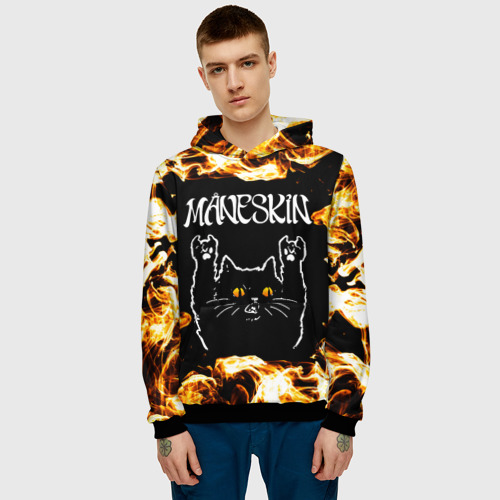 Мужская толстовка 3D Maneskin рок кот и огонь, цвет черный - фото 3