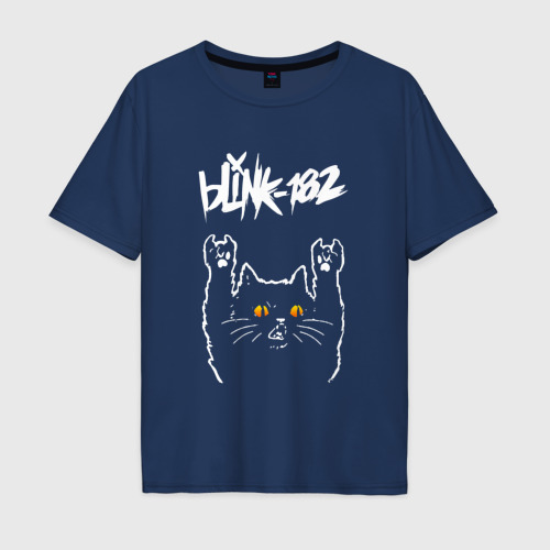 Мужская футболка оверсайз из хлопка с принтом Blink 182 rock cat, вид спереди №1
