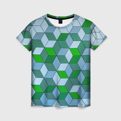 Женская футболка 3D с принтом Зелёные и серые абстрактные кубы с оптической иллюзии, вид спереди #2