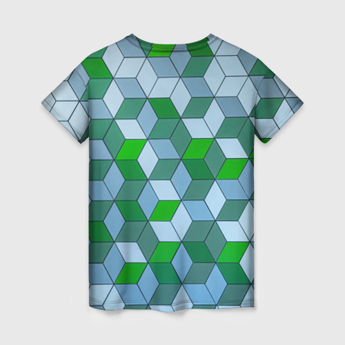 Женская футболка 3D с принтом Зелёные и серые абстрактные кубы с оптической иллюзии, вид сзади #1