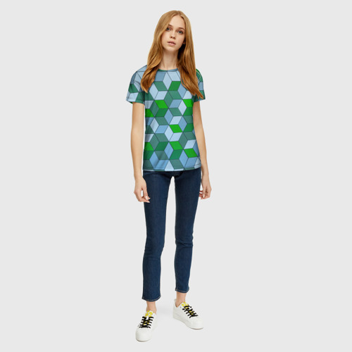 Женская футболка 3D с принтом Зелёные и серые абстрактные кубы с оптической иллюзии, вид сбоку #3