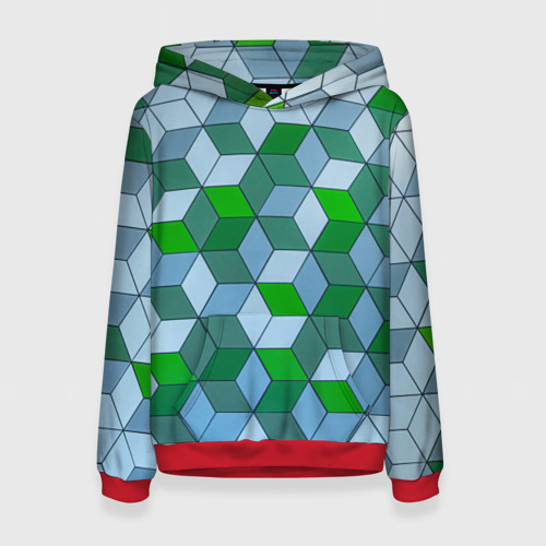 Женская толстовка 3D с принтом Зелёные и серые абстрактные кубы с оптической иллюзии, вид спереди #2