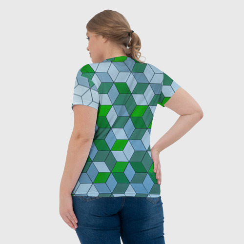 Женская футболка 3D с принтом Зелёные и серые абстрактные кубы с оптической иллюзии, вид сзади #2