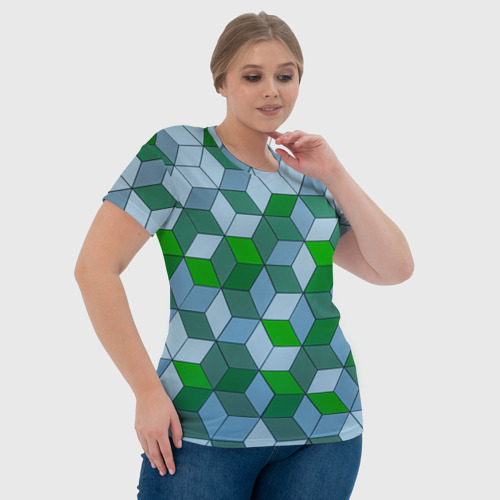 Женская футболка 3D с принтом Зелёные и серые абстрактные кубы с оптической иллюзии, фото #4